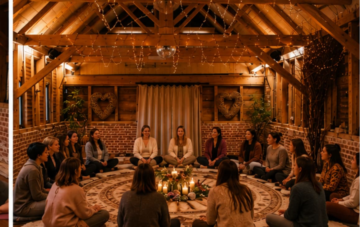 A group sitting in a candlelit circle inside the barn
