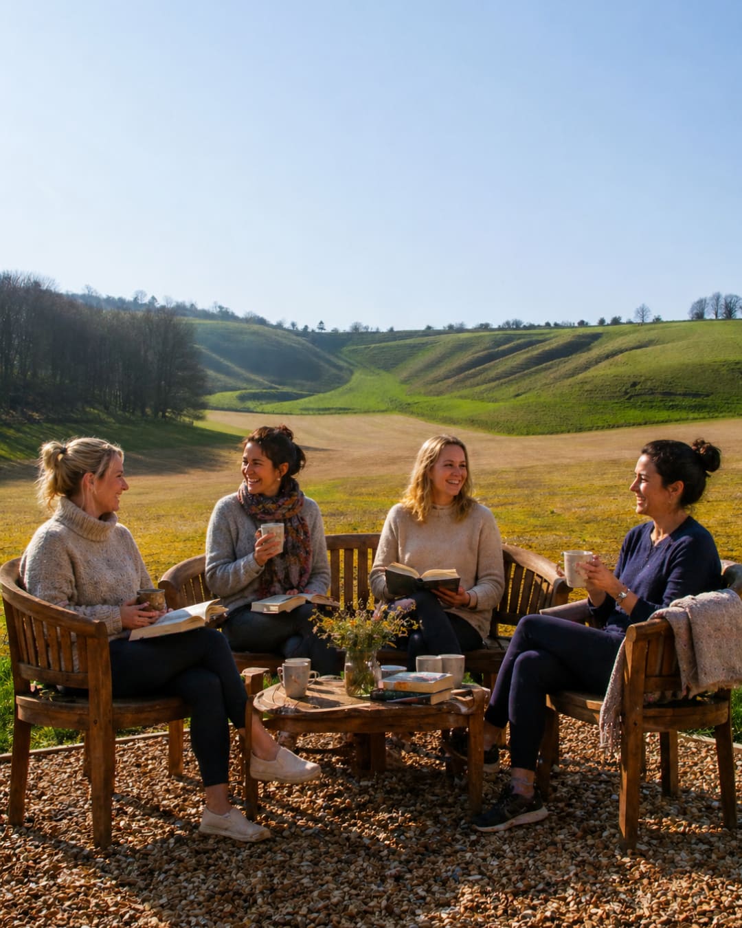 Four friends talking over mugs of tea outside, the Downs behind them