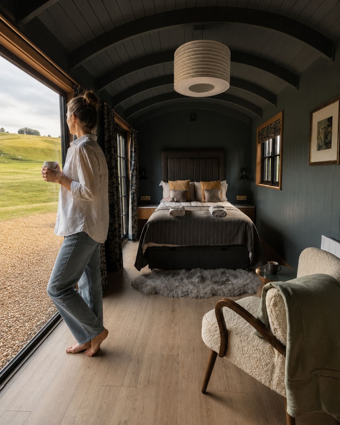 A guest stepping into a shepherd hut with coffee in hand