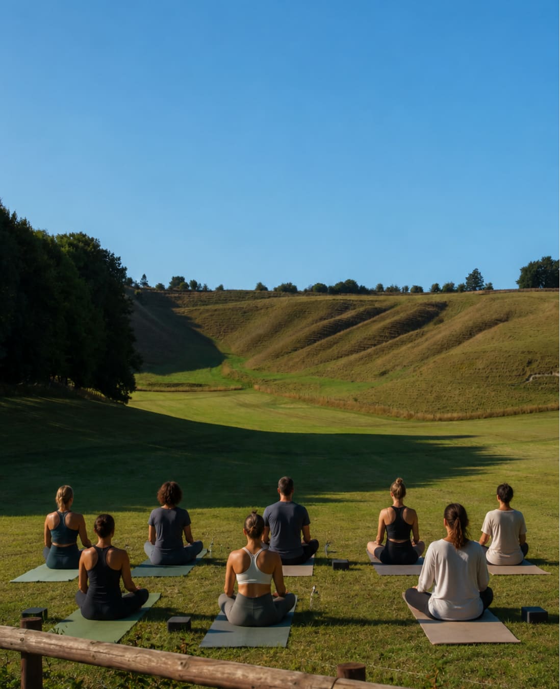 An outdoor yoga class on the green with the Downs rising behind